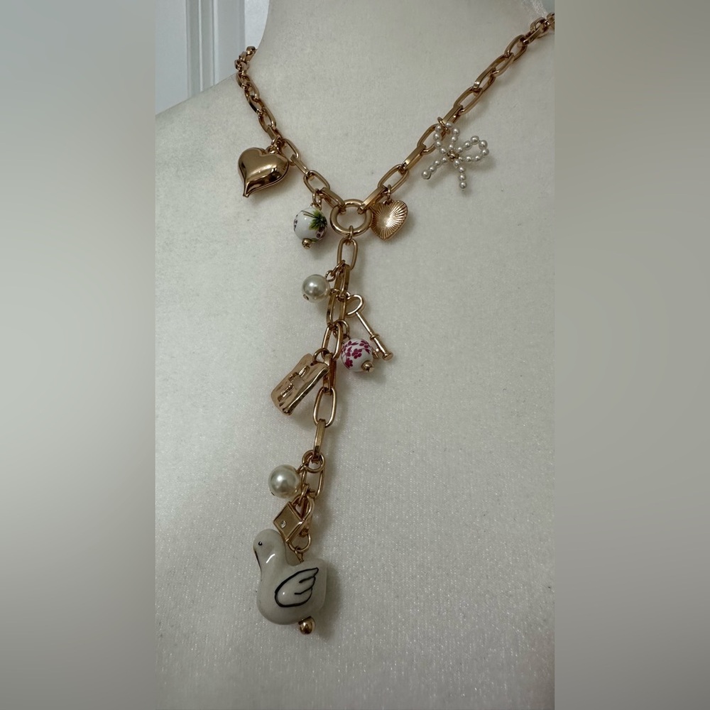 Urban Outfitters Katherine Lariat Charm Necklace Gold Tone with Pearl Accents - Picture 4 of 12